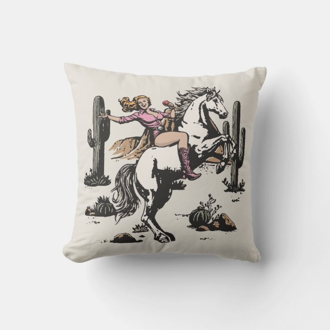 Retro Cowgirl Riding Horse Throw Pillow Kussen (Voorkant)