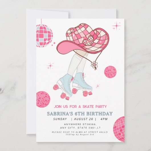 Retro Cowgirl rollerskating verjaardagsuitnodiging Kaart (Voorkant)