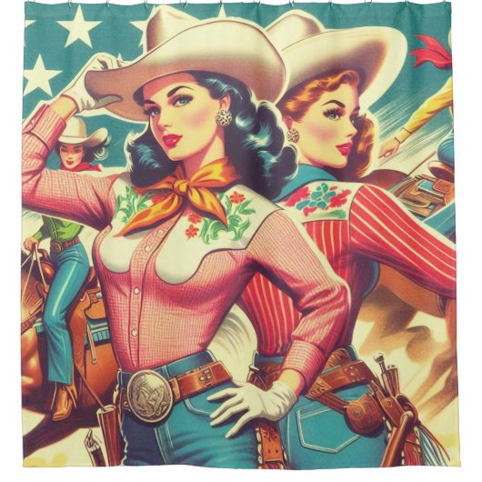 Retro Cowgirls Pin-ups Douchegordijn (Voorkant)