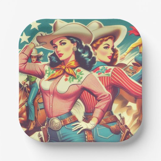 Retro Cowgirls Pin-ups Papieren Bordje (Voorkant)