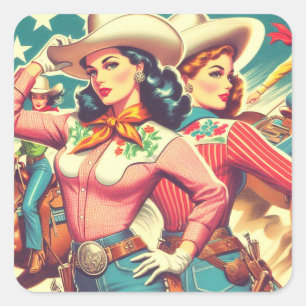 Retro Cowgirls Pin-ups Vierkante Sticker