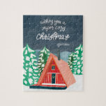 Retro Cozy Cabin in de Bossen Kerstmis Legpuzzel<br><div class="desc">Een illustratie van een retro  A-lijst cabine in de bossen en het citaat: "Wishing you a super cozy Kerstmis" met originele handschrift.</div>