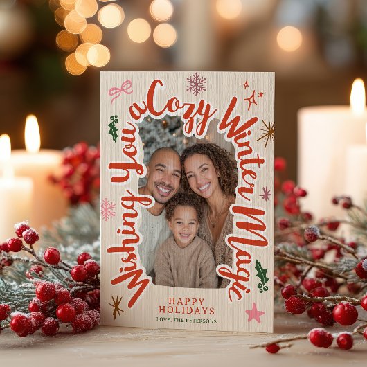 Retro Cozy Winter Hand drawn Christmas Photo Feestdagenkaart