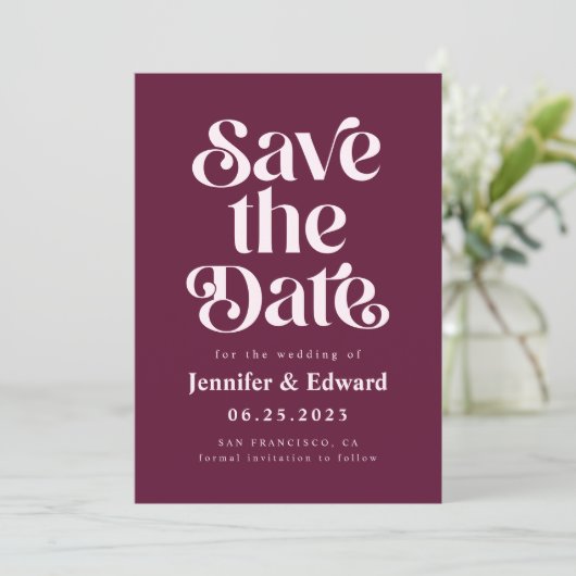 Retro Cranberry Red Wedding Save The Date (Staand voorkant)