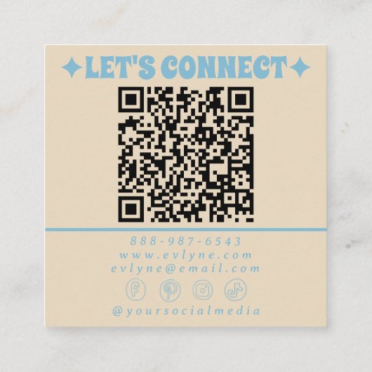 Retro Cream Blue QR Code Groovy Floral Fun Boho Vierkante Visitekaartje (Achterkant)