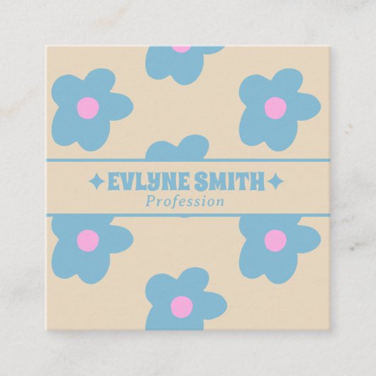 Retro Cream Blue QR Code Groovy Floral Fun Boho Vierkante Visitekaartje (Voorkant)