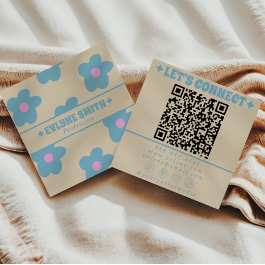 Retro Crème Blauw QR Code Groovy Bloemrijke Fun Bo Vierkante Visitekaartje