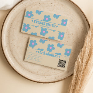 Retro Crème Blauwe QR-code Groovy Bloemrijke Boho Visitekaartje