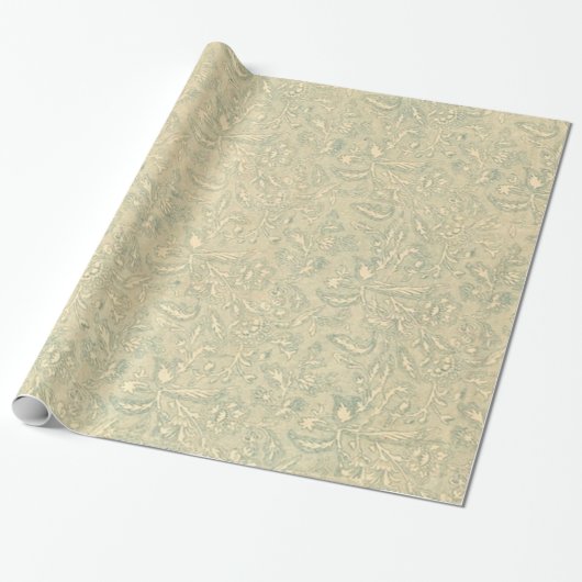 Retro  Creme Leaf Floral Moss Green Cadeaupapier (Uitgerold)