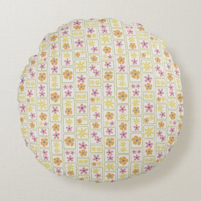 Retro Crème Patchwork Bloem 16"  Rond Kussen (Voorkant)