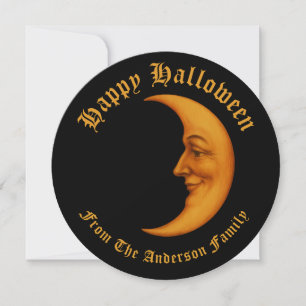 Retro Crescent Moon Face Happy Halloween Feestdagenkaart