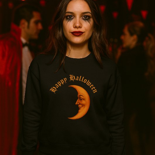 Retro Crescent Moon Face Happy Halloween Trui
