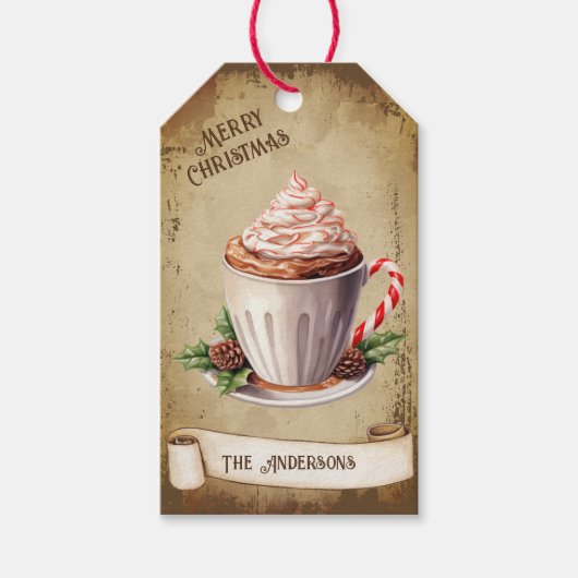 Retro  Cup Pepermunt Hot Cacao Kerst Cadeaulabel (Voorkant)