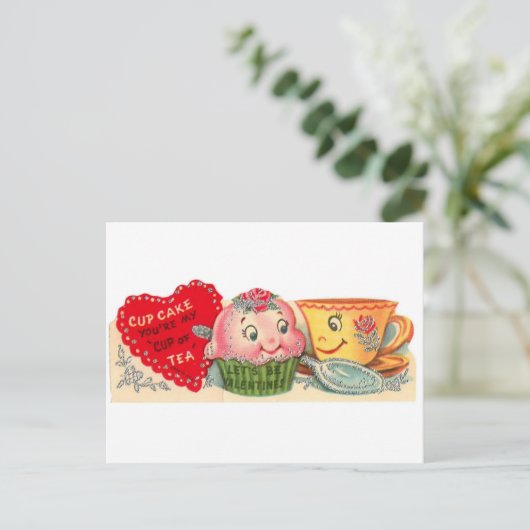 retro cupcake en theekopje Valentijnsdag Feestdagenkaart (Staand voorkant)