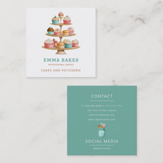  Retro Cupcake Stand Bakkerij banketbakker Vierkante Visitekaartje (Voorkant / Achterkant)