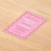 Retro Curve Squiggle Wavy Pink Red Photo Weddensch Acryl Uitnodigingen (Laagn)