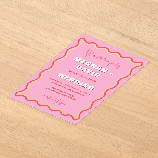 Retro Curve Squiggle Wavy Pink Red Photo Weddensch Acryl Uitnodigingen (Laagn)