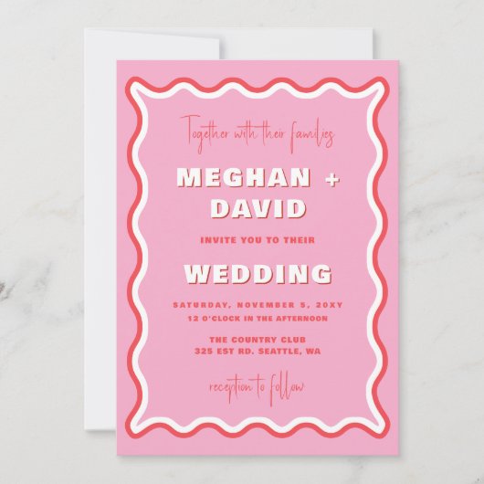 Retro Curve Squiggle Wavy Pink Red Photo Weddensch Kaart (Voorkant)
