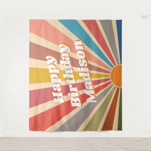 Retro Custom Birthday Party Name  Sunburst Wandkleed (Voorkant)