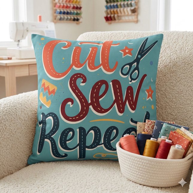 Retro "Cut Sew Repeat" naailiefhebber ontwerp Kussen (Retro Cut Sew Repeat Sewing Lover Design Throw Pillow Mockup A)