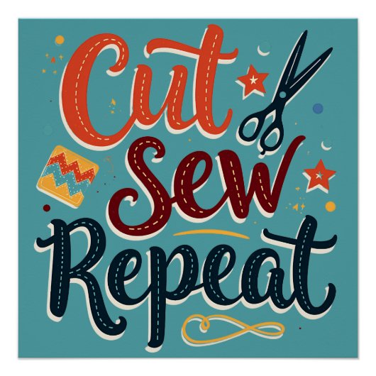 Retro "Cut Sew Repeat" naailiefhebber ontwerp Perfect Poster (Voorkant)