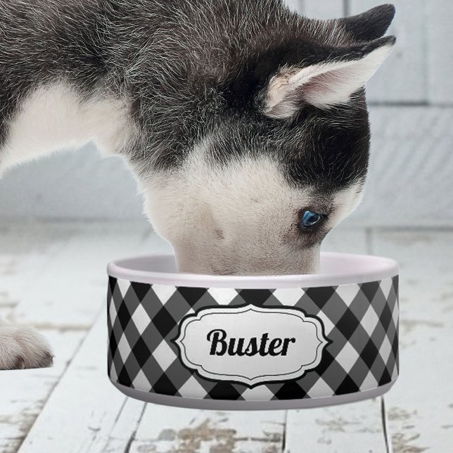 Retro Cute Black & White Gingham Check pet bowl  Voerbakje (personalized black and white gingham check bowl for good)