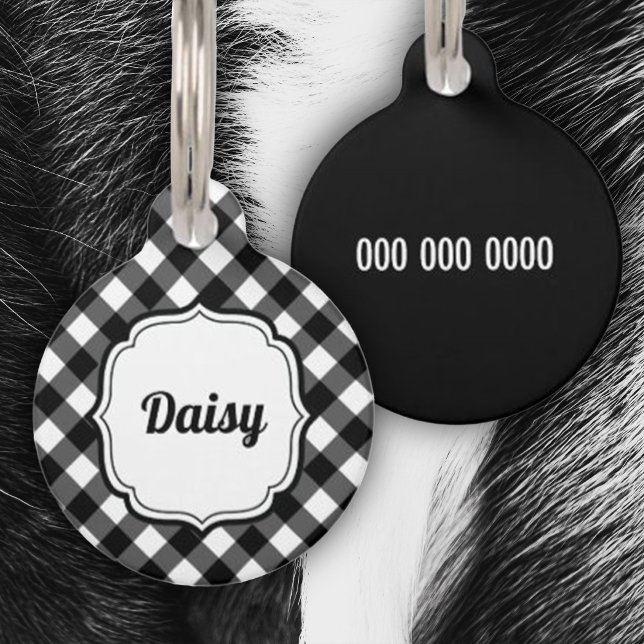 Retro Cute Black & White Gingham Check Pet ID Tag Huisdierpenning (cute black and white gingham check ID tag for pet)