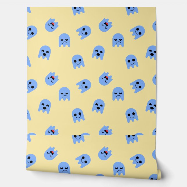 Retro Cute Blue Ghost Seamless Arcade-Inspired Behang (Afrollen)