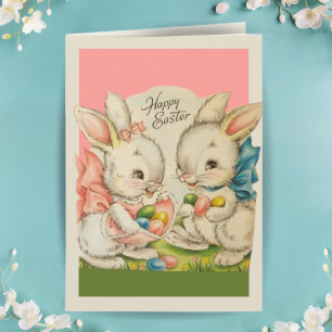  Retro Cute Bunnies met Eieren Custom Easter Feestdagen Kaart