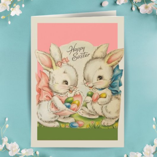  Retro Cute Bunnies met Eieren Custom Easter Feestdagen Kaart