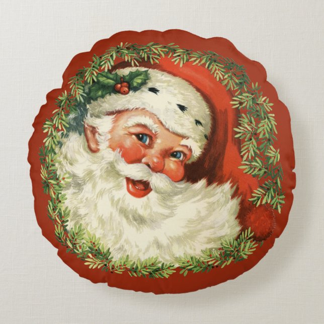 Retro Cute Chubby Santa Wreath Holiday Kerstmis Rond Kussen (Voorkant)
