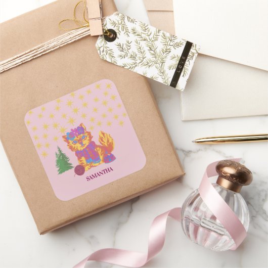 Retro Cute Kat Kerststicker Vierkante Sticker (Geschenken)