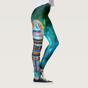  retro-cute metaalrobot in blauw melkwegstelsel leggings