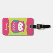 Retro Cute Owl Paars & Green Girly Personalized Bagagelabel (Voorkant horizontaal)