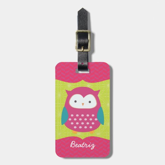 Retro Cute Owl Paars & Green Girly Personalized Bagagelabel (Voorkant verticaal)