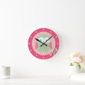 Retro Cute Owl Pink & Green Girly Ronde Klok (Huis)