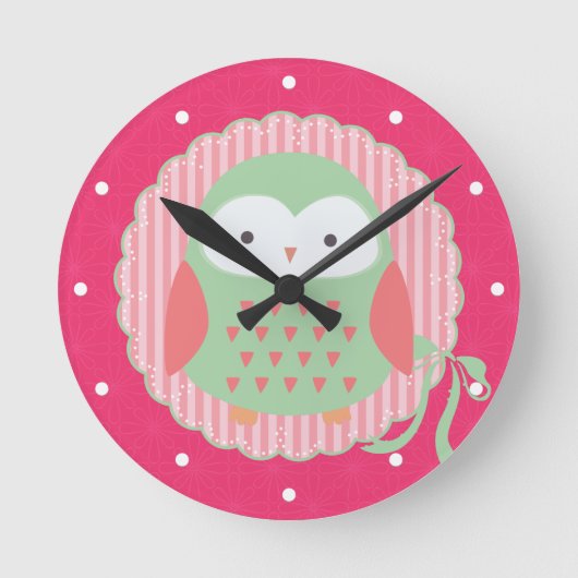 Retro Cute Owl Pink & Green Girly Ronde Klok (Voorkant)