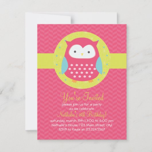Retro Cute Owl Pink & Turquoise Girly Birthday Kaart (Voorkant)