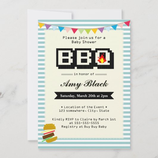 Retro Cute Pixel Baby shower BBQ Party-uitnodiging Kaart (Voorkant)