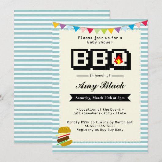 Retro Cute Pixel Baby shower BBQ Party-uitnodiging Kaart (Voorkant / Achterkant)