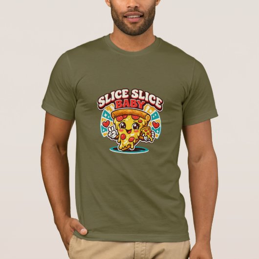 Retro Cute Pizza T-shirt – Slice Slice Baby Grappi (Voorkant)