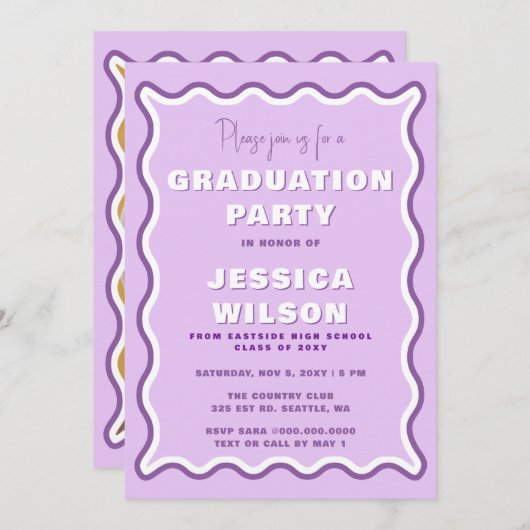 Retro Cute Wavy Paars Photo Afstuderen Kaart (Voorkant / Achterkant)
