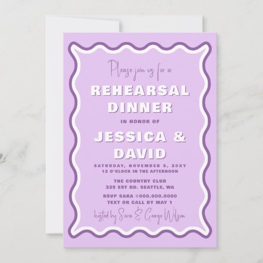 Retro Cute Wavy Paars Photo Rehearsal Dinner Kaart (Voorkant)