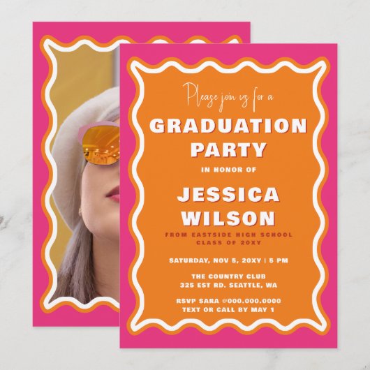 Retro Cute Wavy Pink Oranje Foto Afstuderen Kaart (Voorkant / Achterkant)