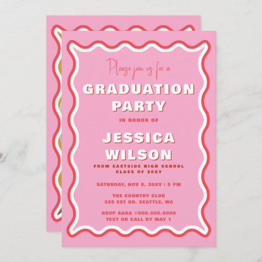 Retro Cute Wavy Pink Red Photo Afstuderen Kaart (Voorkant / Achterkant)