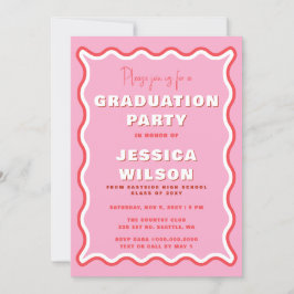 Retro Cute Wavy Pink Red Photo Afstuderen Kaart