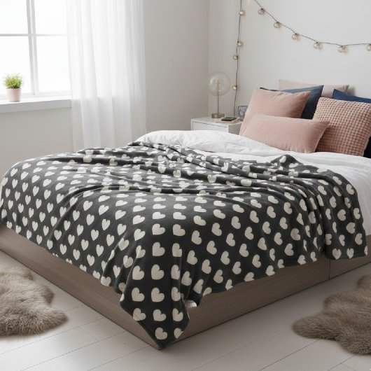 Retro Cute Zwart en Wit Hartjes Patroon Fleece Deken