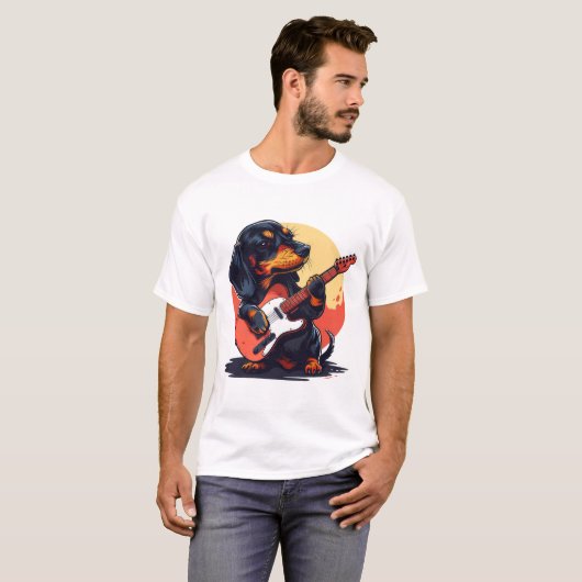 Retro Dachshund Spelen Gitaar Groove T-shirt (Voorkant volledig)