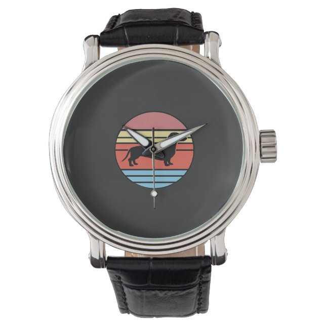 Retro Dachshund Zonsondergang Vector Horloge (Voorkant)