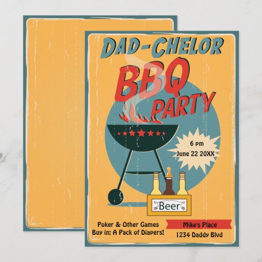 Retro Dad-Chelor BBQ Party Baby shower Kaart (Voorkant / Achterkant)